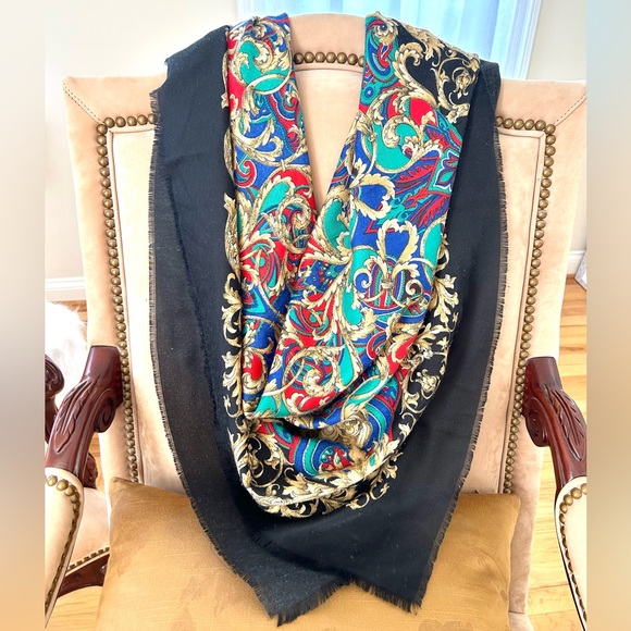 Large Scarf with Ornate Red Blue Black Gold Multicolored Baroque Design 46”x45” - Picture 2 of 9